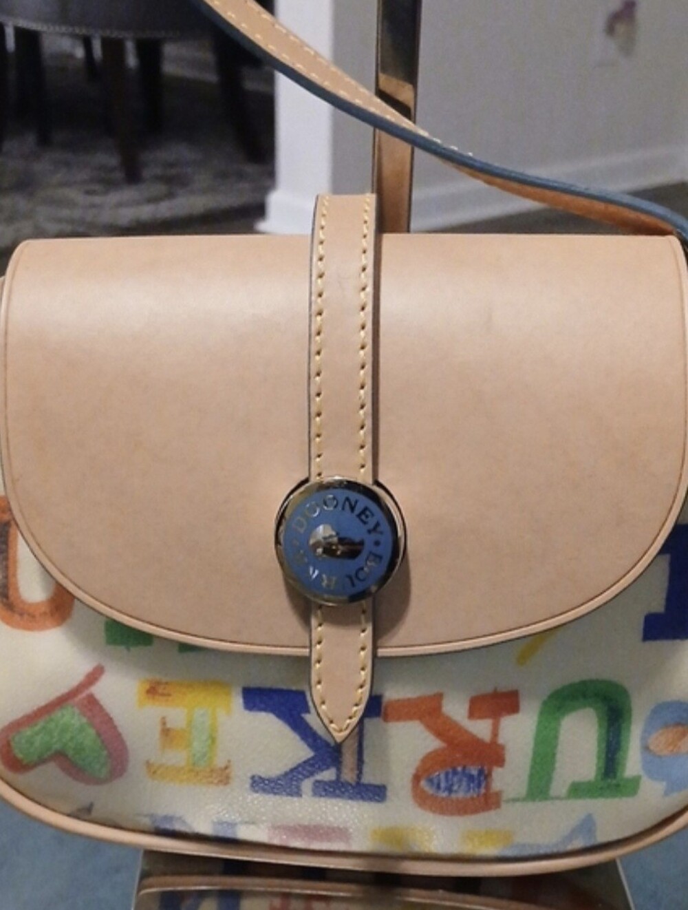 Dooney & Bourke Multicolor Letter-Print Crossbody with Tan Trim And Rainbow Zip